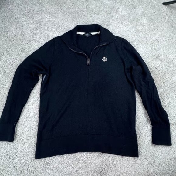Ted Baker London Mens Black 100 Wool 1/4 Zip Sweater Skull Logo Size 4